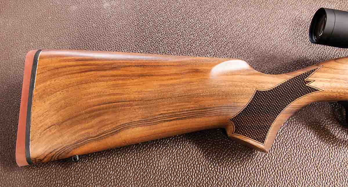 The new rifle features a “Ruger-red” buttpad, both for looks and to protect the French walnut stock.